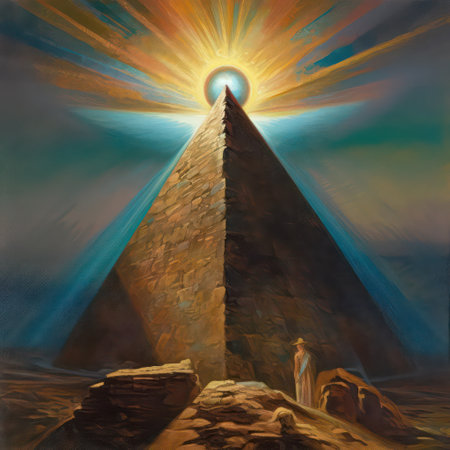 Digital painting of a pyramid in the desert with rays of light passing through itの素材