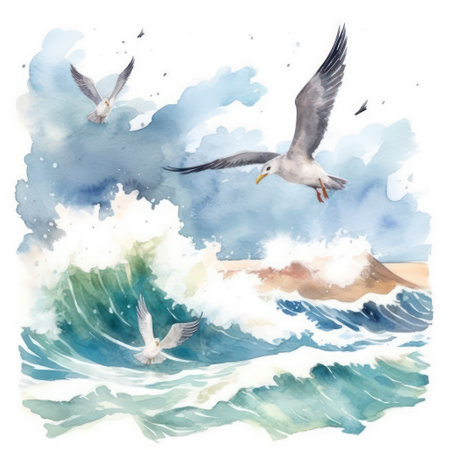 Watercolor seagulls flying over the sea. Hand drawn illustrationの素材