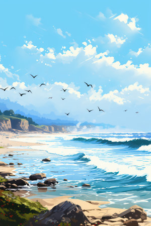 Seascape with seagulls and waves. Digital paintingの素材