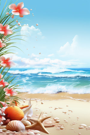 Summer background with seashells and hibiscus flowers.の素材