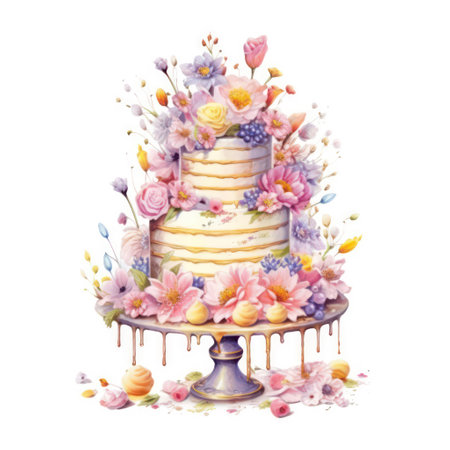Watercolor illustration of a wedding cake decorated with flowers, leaves and berriesの素材