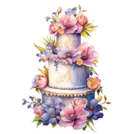 Watercolor wedding cake with flowers. Hand painted illustration isolated on white backgroundの素材