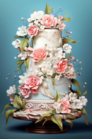 Wedding cake decorated with flowers and ribbons on blue backgroundの素材