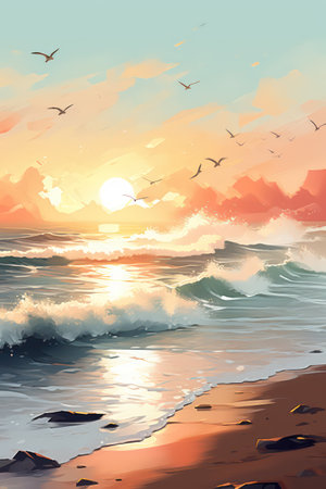 Seascape with seagulls at sunset. Vector illustrationの素材