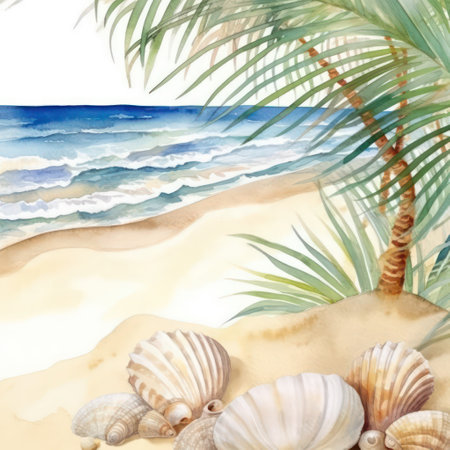 Seashells and palm tree on the beach. Watercolor illustrationの素材