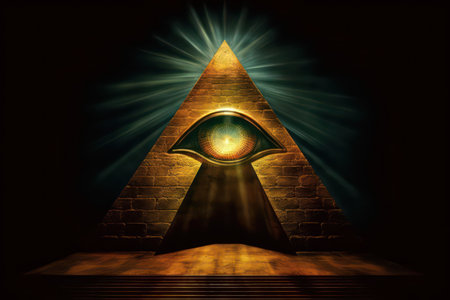 golden pyramid with rays of light on a dark background. 3d renderingの素材