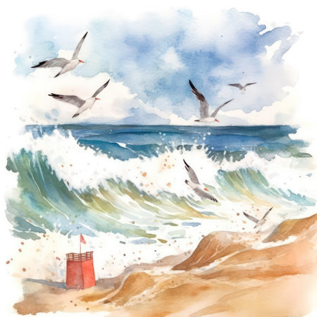 Watercolor seascape with seagulls. Hand drawn illustrationの素材