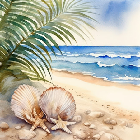 Seashells and palm leaves on the beach. Watercolor illustrationの素材