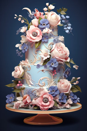 Beautiful wedding cake with flowers on a blue background. Vector illustration.の素材