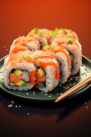 Sushi roll with salmon, avocado, cucumber, cream cheese and sesame seedsの素材