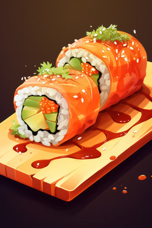 Illustration of a sushi roll with salmon, avocado and cucumberの素材