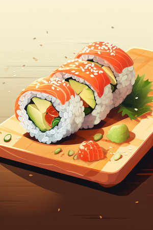 Illustration of a sushi roll with salmon and avocado on a wooden boardの素材