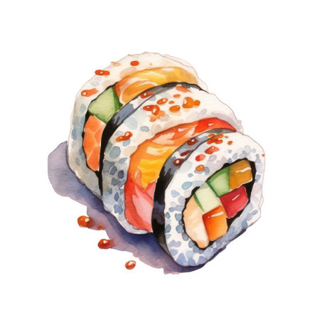 Sushi rolls with salmon, eel, caviar. Hand drawn watercolor illustrationの素材