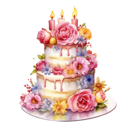 Watercolor cake decorated with flowers and candles isolated on white background.の素材