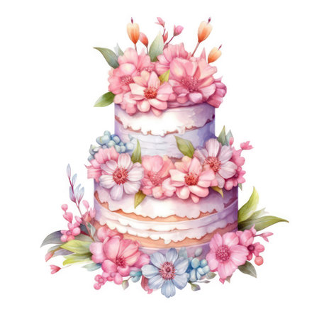 Watercolor illustration of a wedding cake decorated with flowers and leaves.の素材