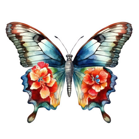 Butterfly with hibiscus flowers. Watercolor illustrationの素材