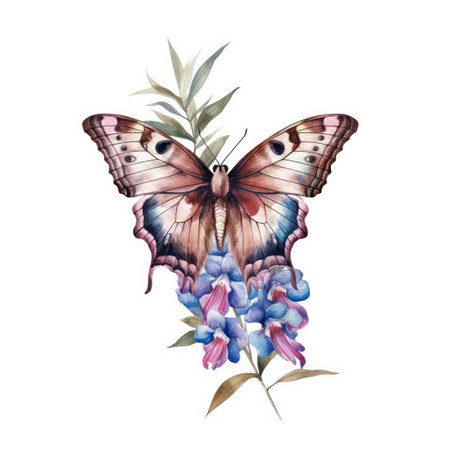 Beautiful vector image with nice watercolor butterfly and flowers on white backgroundの素材