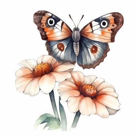 Butterfly and flowers. Watercolor illustration isolated on white backgroundの素材