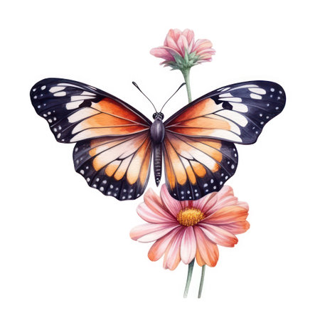 Beautiful watercolor illustration with butterfly and flower. Isolated on white background.の素材