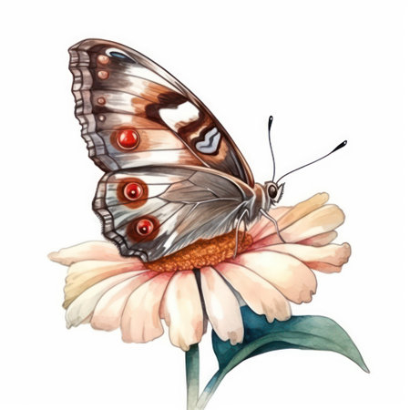 Butterfly on a flower. Watercolor illustration isolated on white backgroundの素材