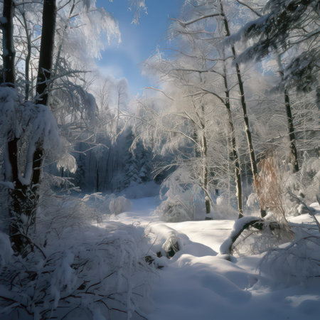 Beautiful winter landscape. Winter forest with trees covered with snow.の素材