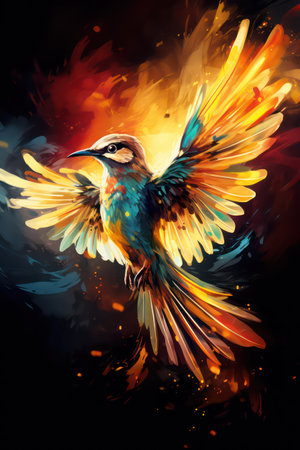 colorful painting of a bird on a colored background with fire effectの素材