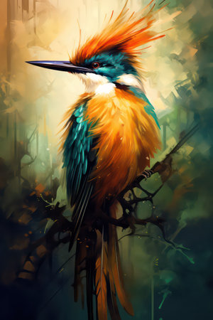 Digital painting of a Kingfisher bird sitting on a branch.の素材