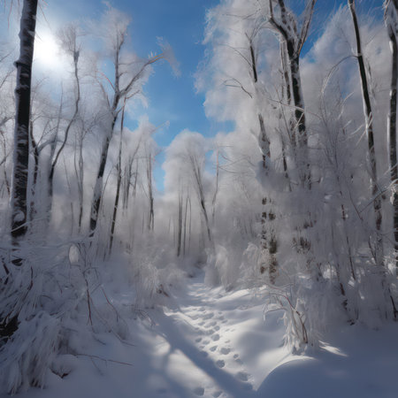 Snowy winter forest with snow-covered trees and blue sky.の素材