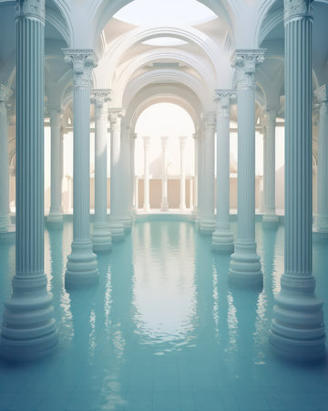 Interior of a classic building with columns and arches. 3d renderingの素材