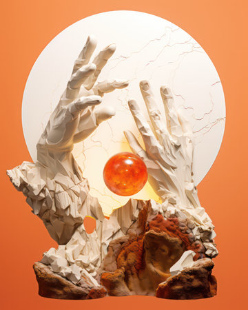 3d render of human hand with crystal ball on the orange backgroundの素材