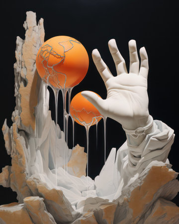White hand with orange and white paint on a black background. 3d renderingの素材