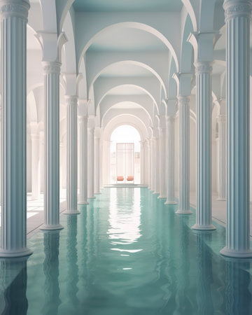 3D render of an arched hallway with columns and a poolの素材