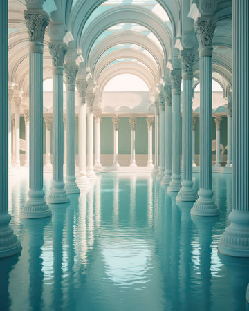 Beautiful colonnade with columns and reflection in the water.の素材