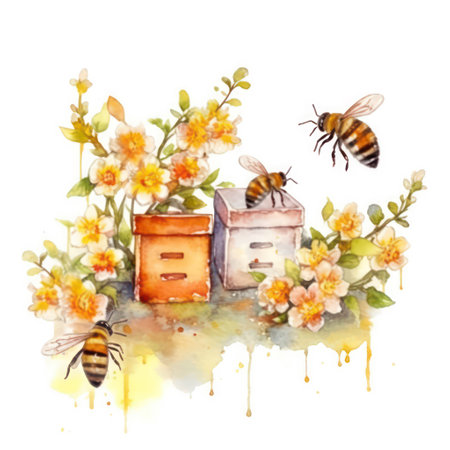 Honey bee and bees. Watercolor hand drawn illustration, isolated on white backgroundの素材