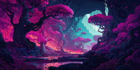Fantasy landscape with fantasy trees and lake, digital art illustration.の素材
