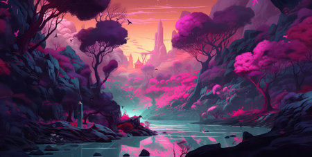 Fantasy landscape with fantasy forest, river and mountains. Digital painting.の素材