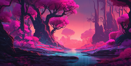 Fantasy landscape with trees in the swamp. 3d illustration.の素材