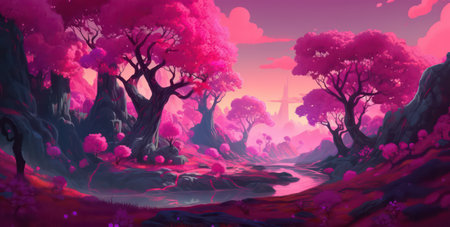Digital illustration of a fantasy landscape with a lake and trees in the foregroundの素材