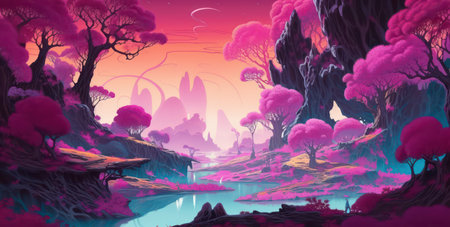 Fantasy landscape with trees and lake. 3d render illustration.の素材