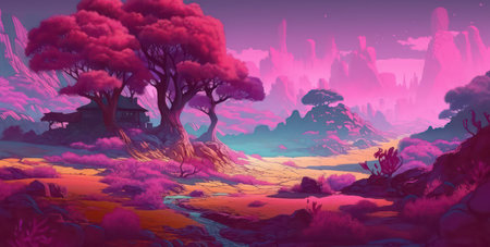 Fantasy Landscape with Tree and House. Digital art illustration.の素材