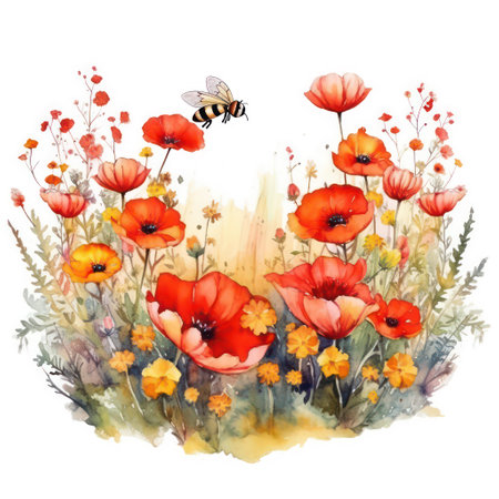 Watercolor meadow with poppies and butterfly. Hand drawn illustrationの素材
