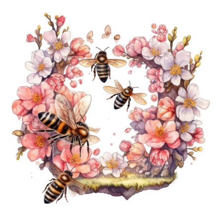 Watercolor floral alphabet letter Q with bees and flowers. Watercolor floral alphabet.の素材