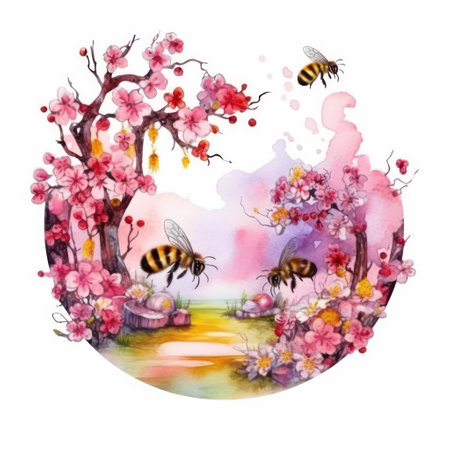 Watercolor spring landscape with cherry blossoms and bees. Hand drawn illustrationの素材