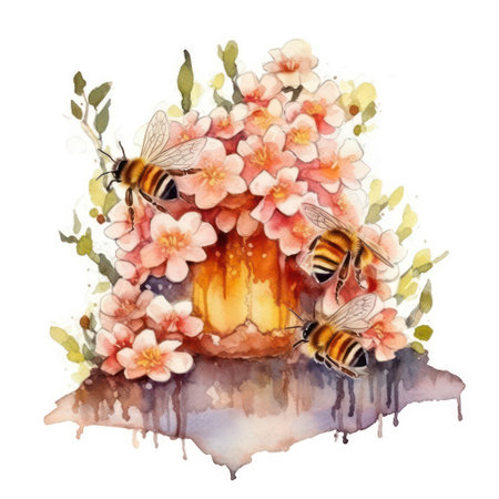 Honeycomb with bees and flowers. Watercolor hand drawn illustrationの素材