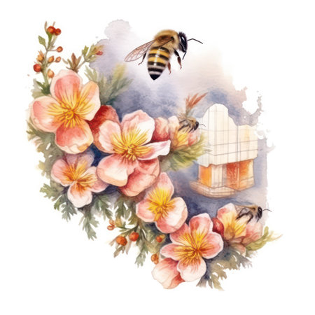 Watercolor illustration of a bee on a flower wreath. High quality photoの素材