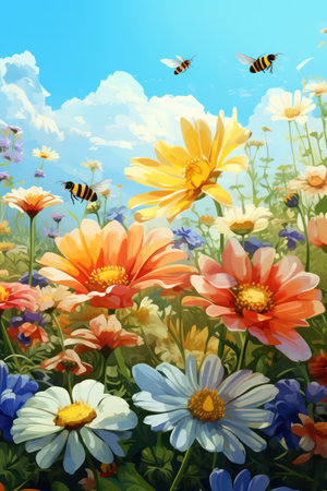 Colorful daisies and bees on the background of blue skyの素材