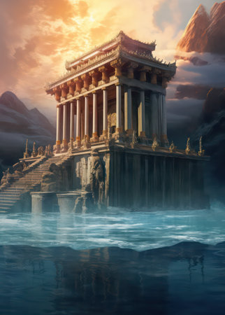 Fantasy landscape with ancient temple in the middle of the sea.の素材