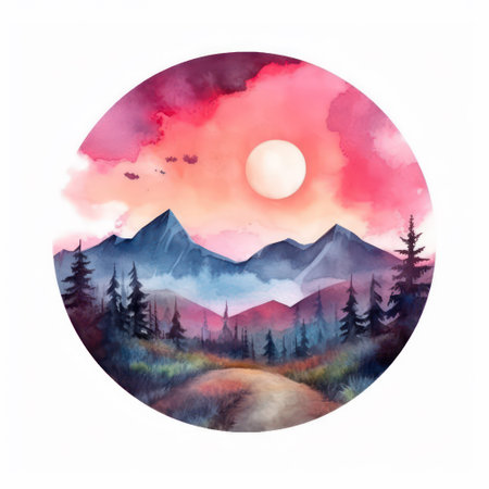 Watercolor landscape with mountains, forest and sunset. Hand drawn illustrationの素材