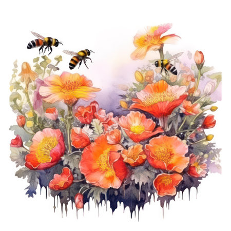 Watercolor illustration of poppies and bees on white background.の素材