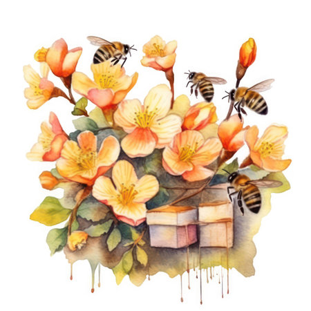 Beautiful vector image with nice watercolor bumblebees and flowersの素材